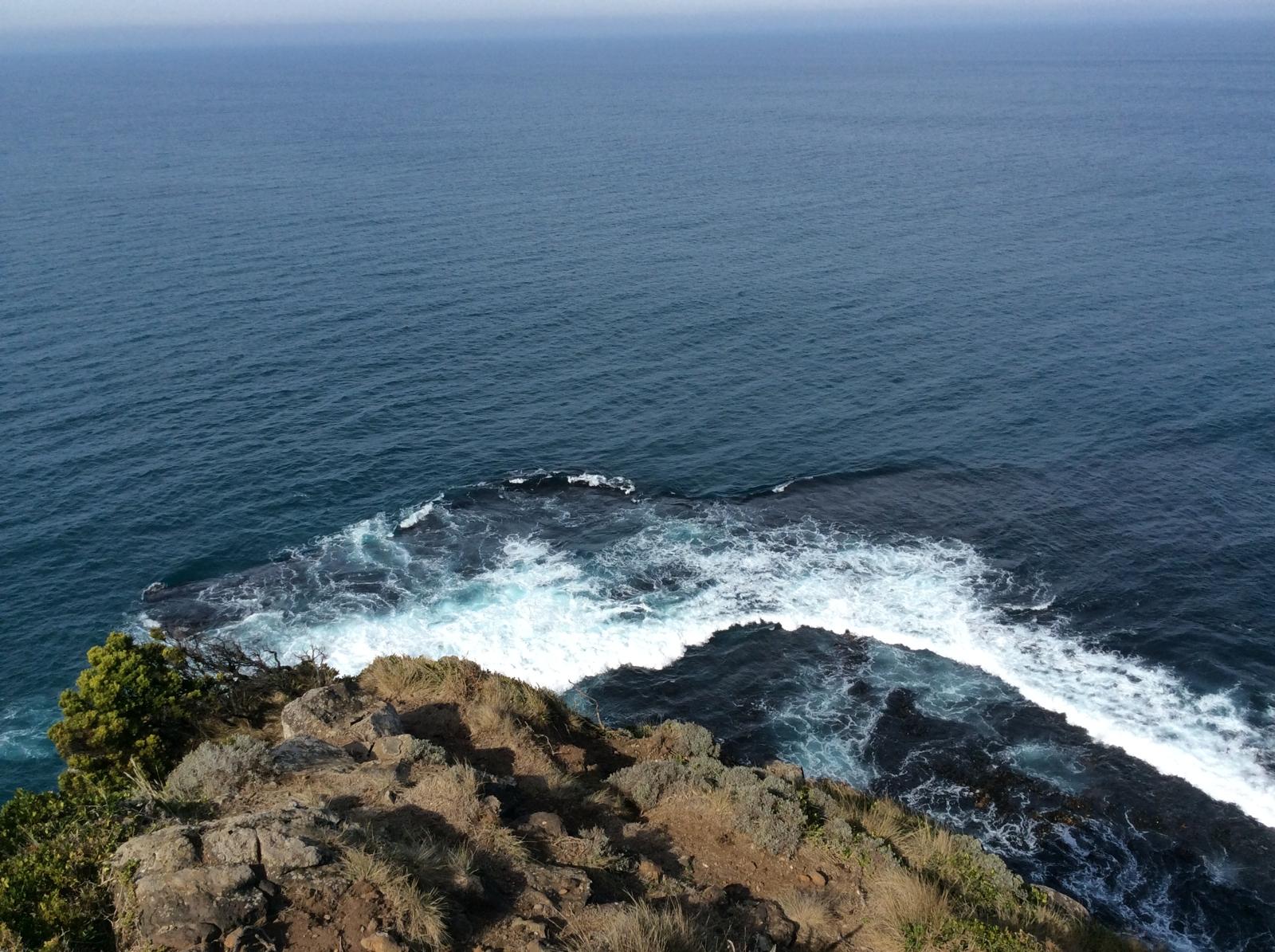 Aerial view of a coastline with waves crashing against rocks, surrounded by greenery under a clear blue sky.